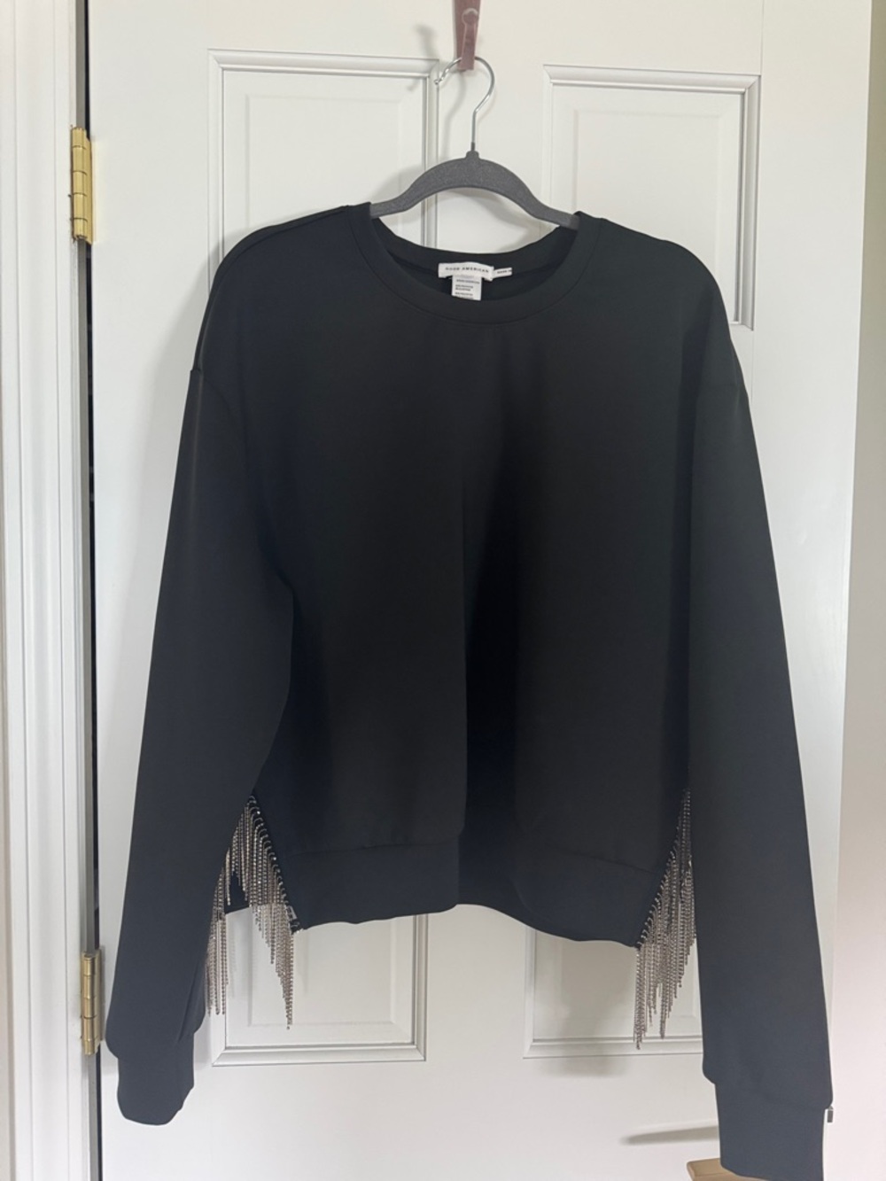 Good American Black Crewneck Sweatshirt with Silver Chain Fringe